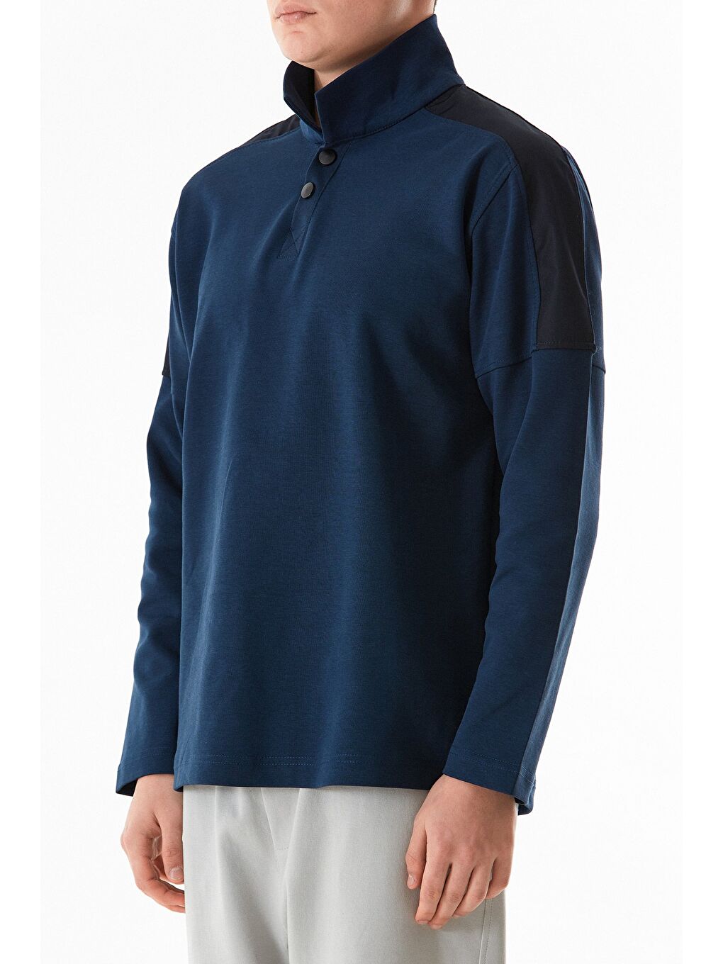 Lacivert Basic Gömlek Yaka Düğmeli %100 Pamuk Sweatshirt-4