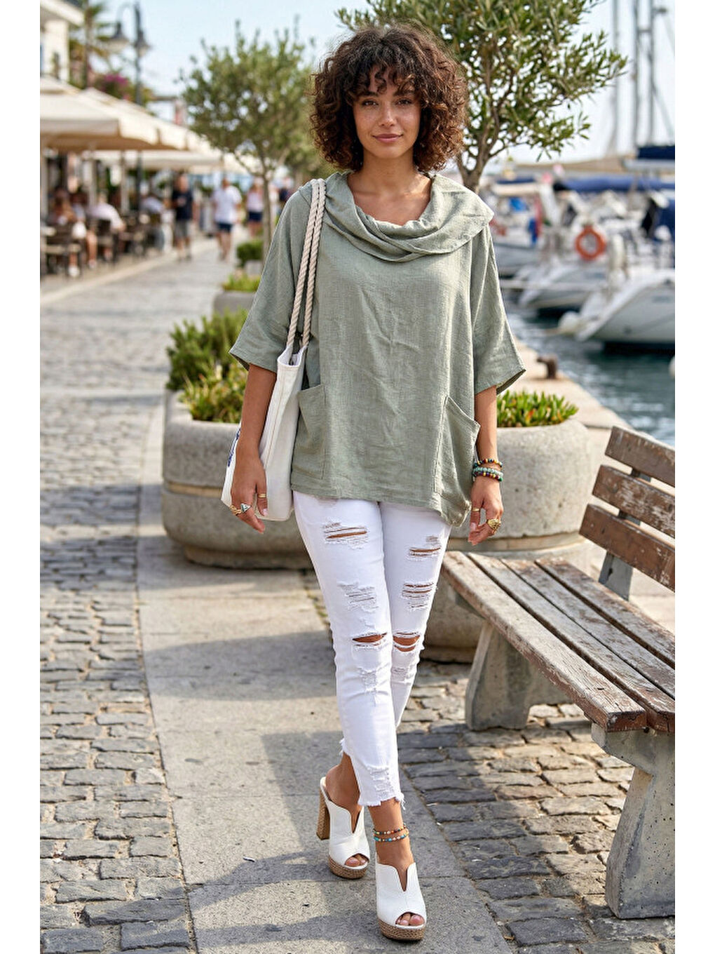 Haki Şal Yaka Kısa Kol Çift Cepli Casual Keten Görünümlü Geniş Kesim Dokuma Bluz 65 83-4