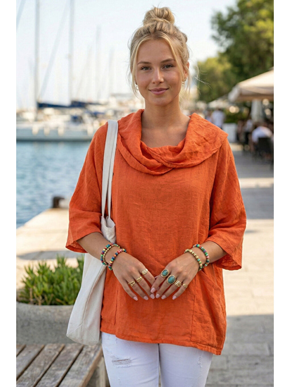 Turuncu Şal Yaka Kısa Kol Çift Cepli Casual Keten Görünümlü Geniş Kesim Dokuma Bluz 65 83-1