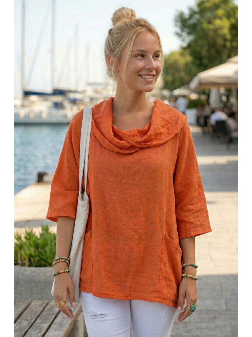Turuncu Şal Yaka Kısa Kol Çift Cepli Casual Keten Görünümlü Geniş Kesim Dokuma Bluz 65 83-2