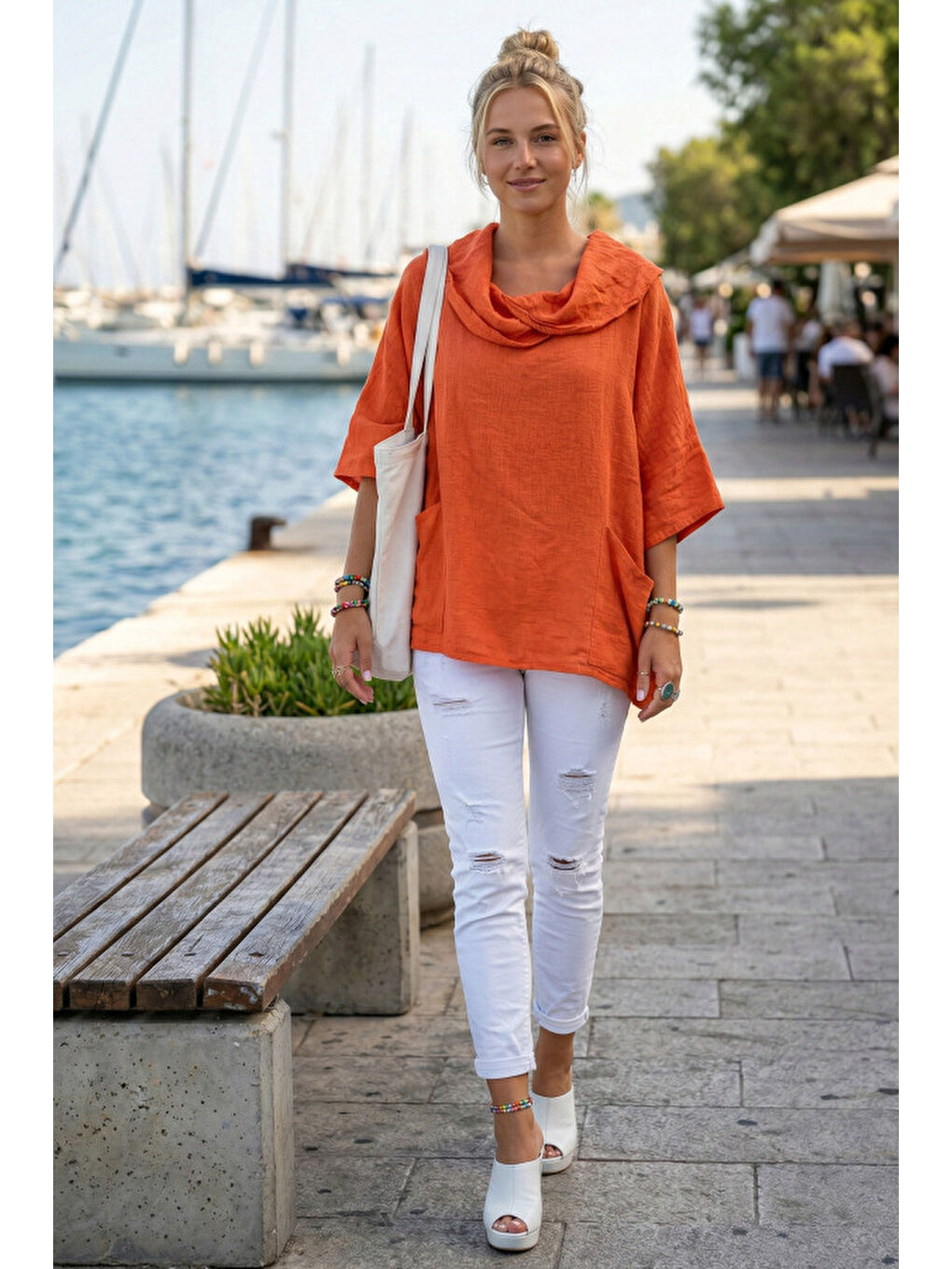 Turuncu Şal Yaka Kısa Kol Çift Cepli Casual Keten Görünümlü Geniş Kesim Dokuma Bluz 65 83-3