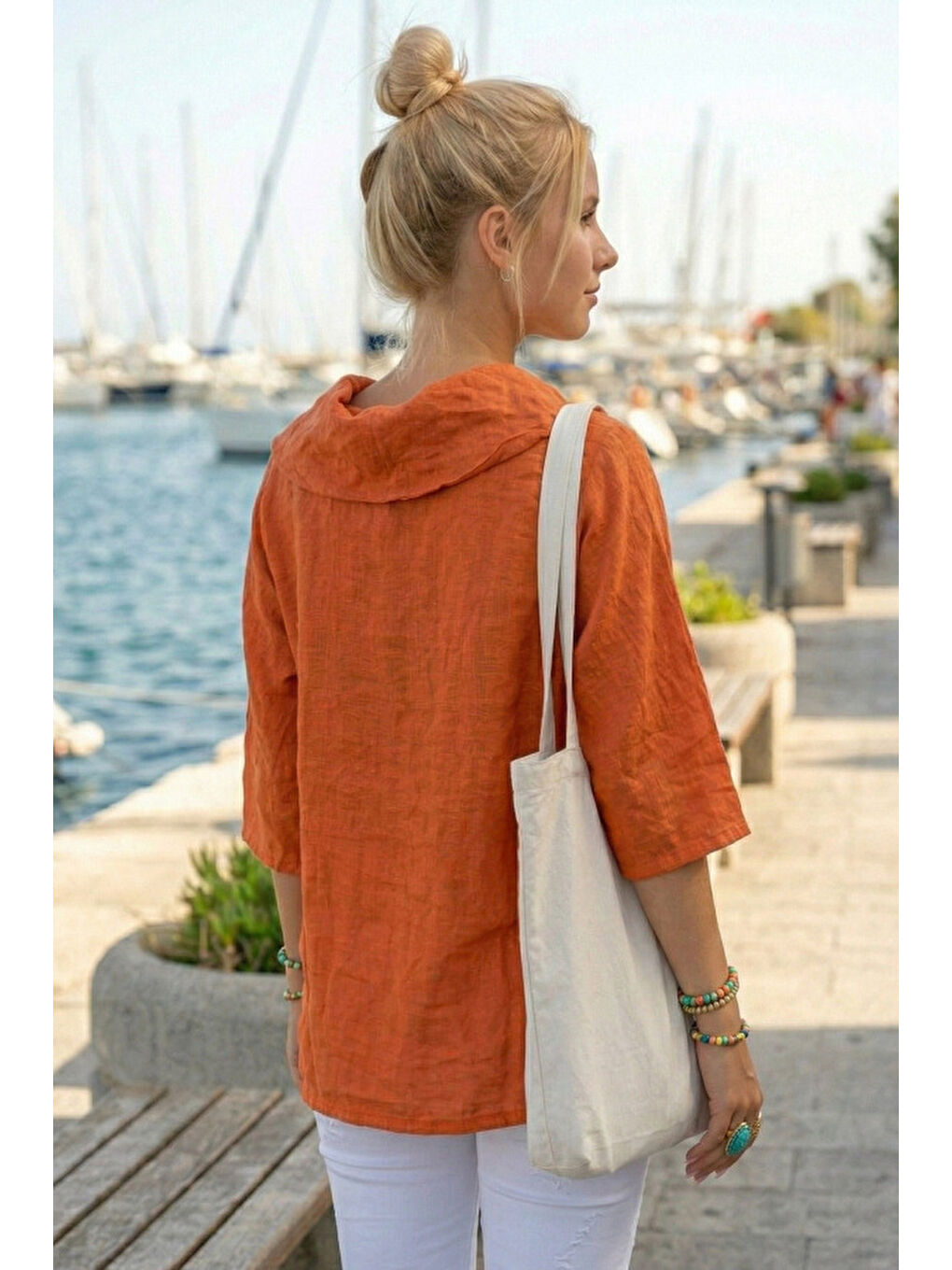Turuncu Şal Yaka Kısa Kol Çift Cepli Casual Keten Görünümlü Geniş Kesim Dokuma Bluz 65 83-4