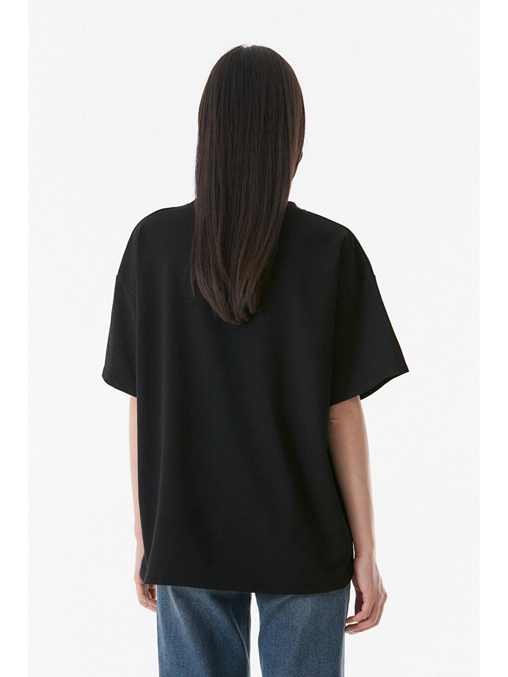 Siyah Michigan Nakışlı Bisiklet Yaka Basic Tişört-2