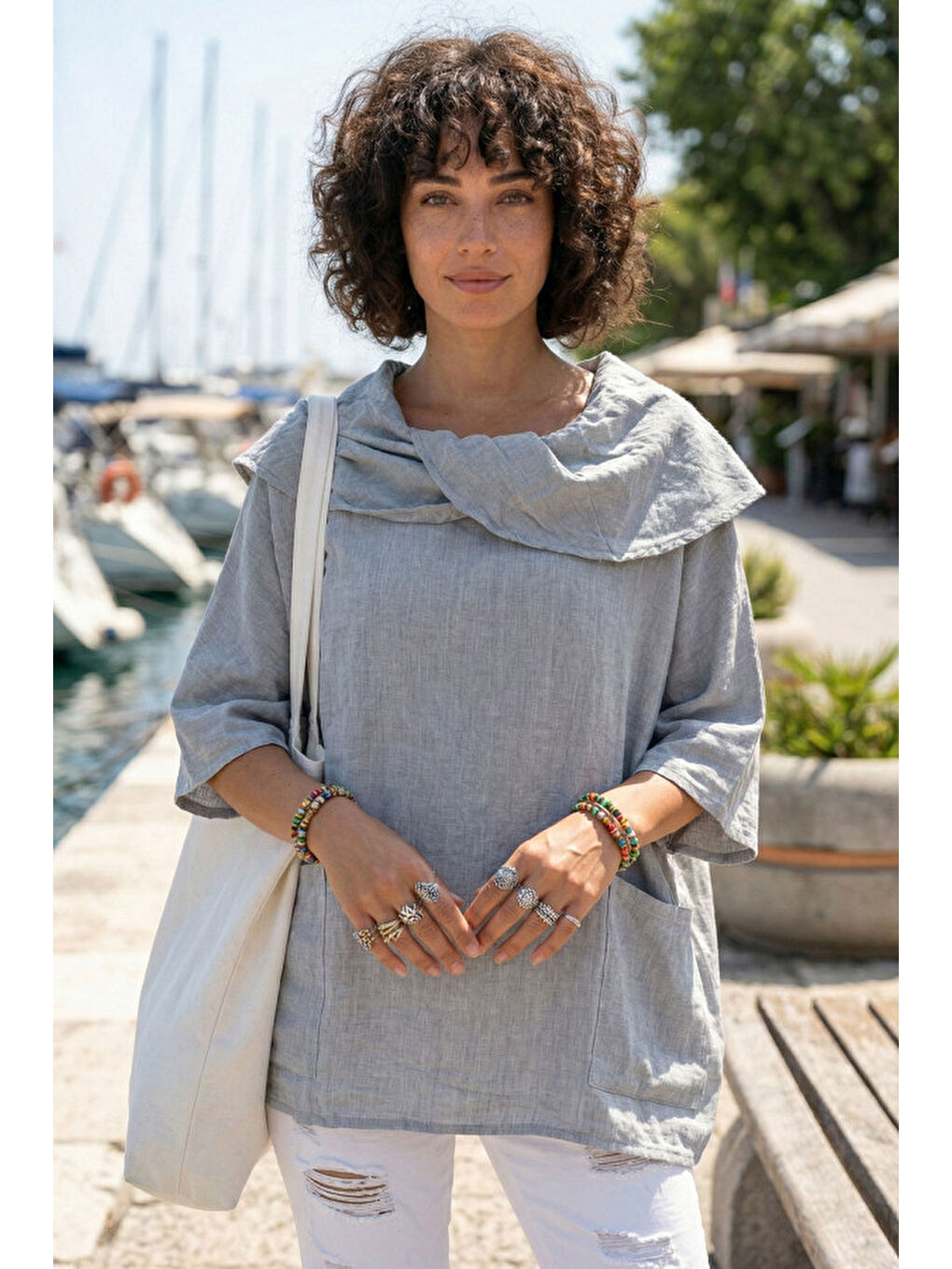 Gri Şal Yaka Kısa Kol Çift Cepli Casual Keten Görünümlü Geniş Kesim Dokuma Bluz 65 83