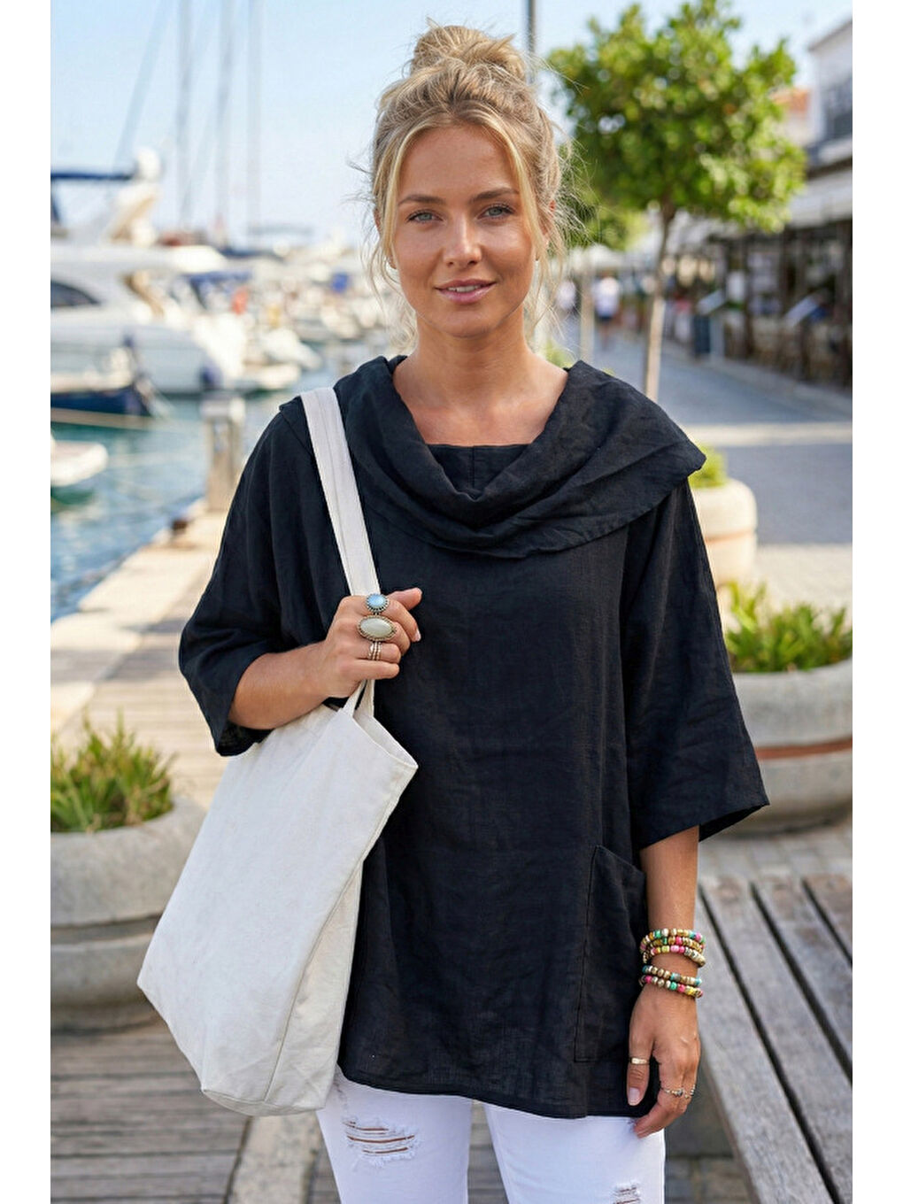 Siyah Şal Yaka Kısa Kol Çift Cepli Casual Keten Görünümlü Geniş Kesim Dokuma Bluz 65 60