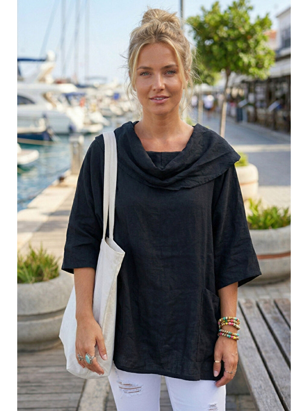 Siyah Şal Yaka Kısa Kol Çift Cepli Casual Keten Görünümlü Geniş Kesim Dokuma Bluz 65 60-1