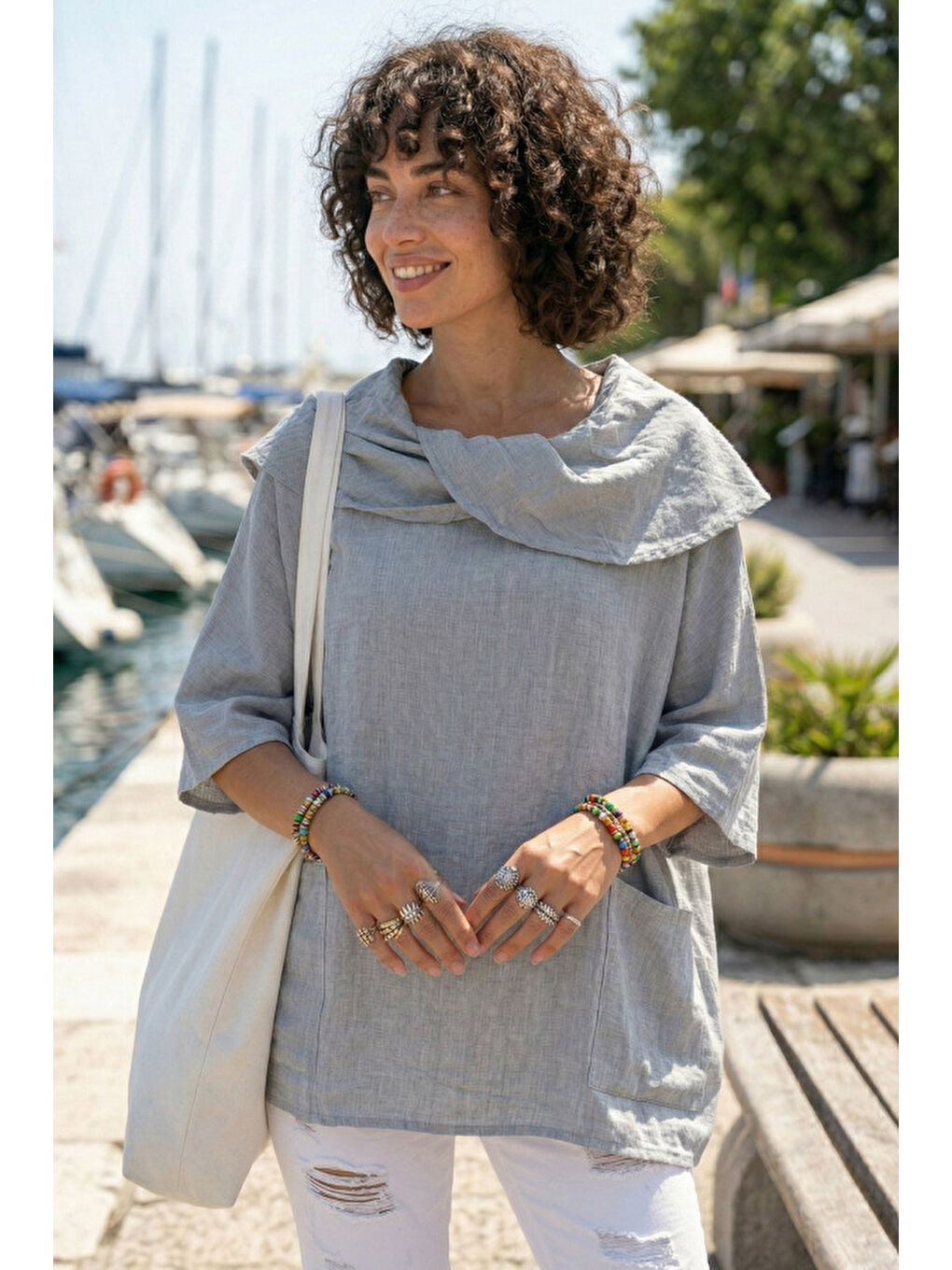 Gri Şal Yaka Kısa Kol Çift Cepli Casual Keten Görünümlü Geniş Kesim Dokuma Bluz 65 83-1