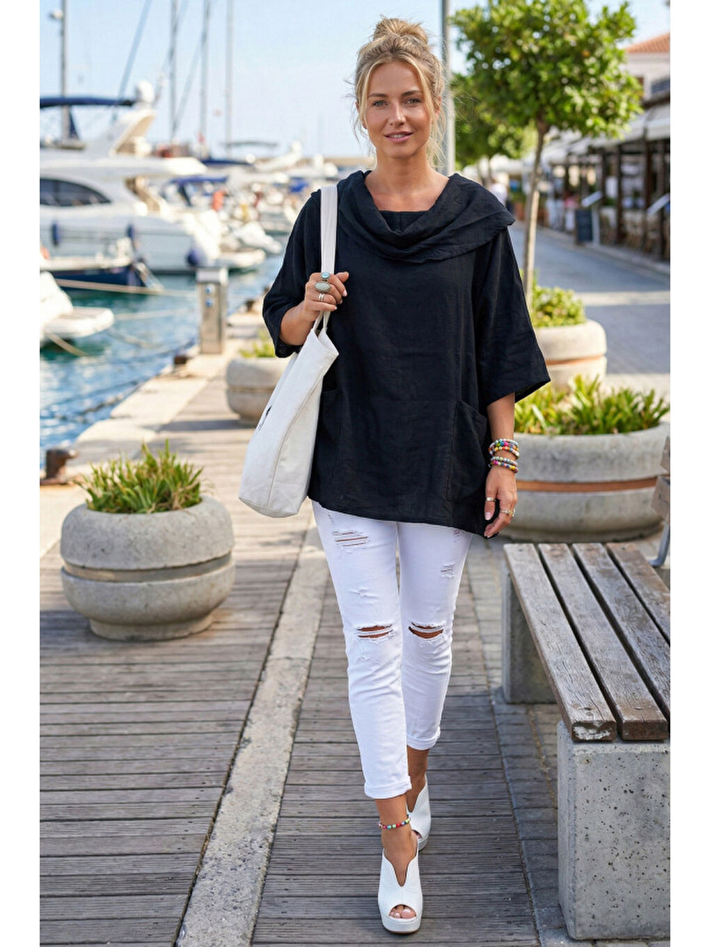 Siyah Şal Yaka Kısa Kol Çift Cepli Casual Keten Görünümlü Geniş Kesim Dokuma Bluz 65 60-3