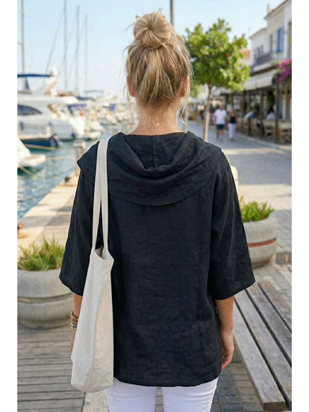 Siyah Şal Yaka Kısa Kol Çift Cepli Casual Keten Görünümlü Geniş Kesim Dokuma Bluz 65 60-4