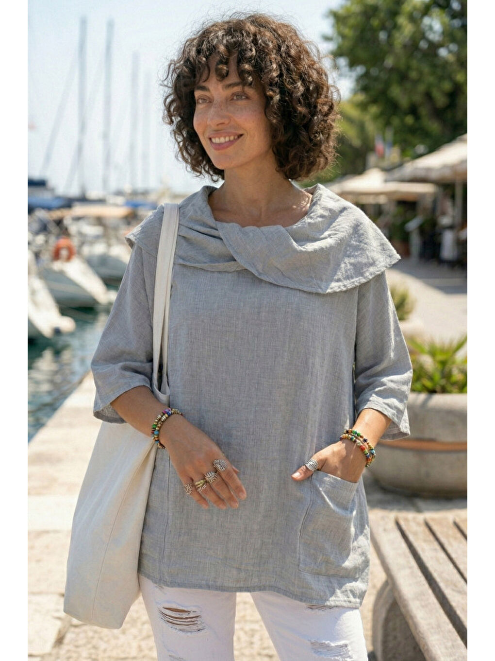 Gri Şal Yaka Kısa Kol Çift Cepli Casual Keten Görünümlü Geniş Kesim Dokuma Bluz 65 83-2