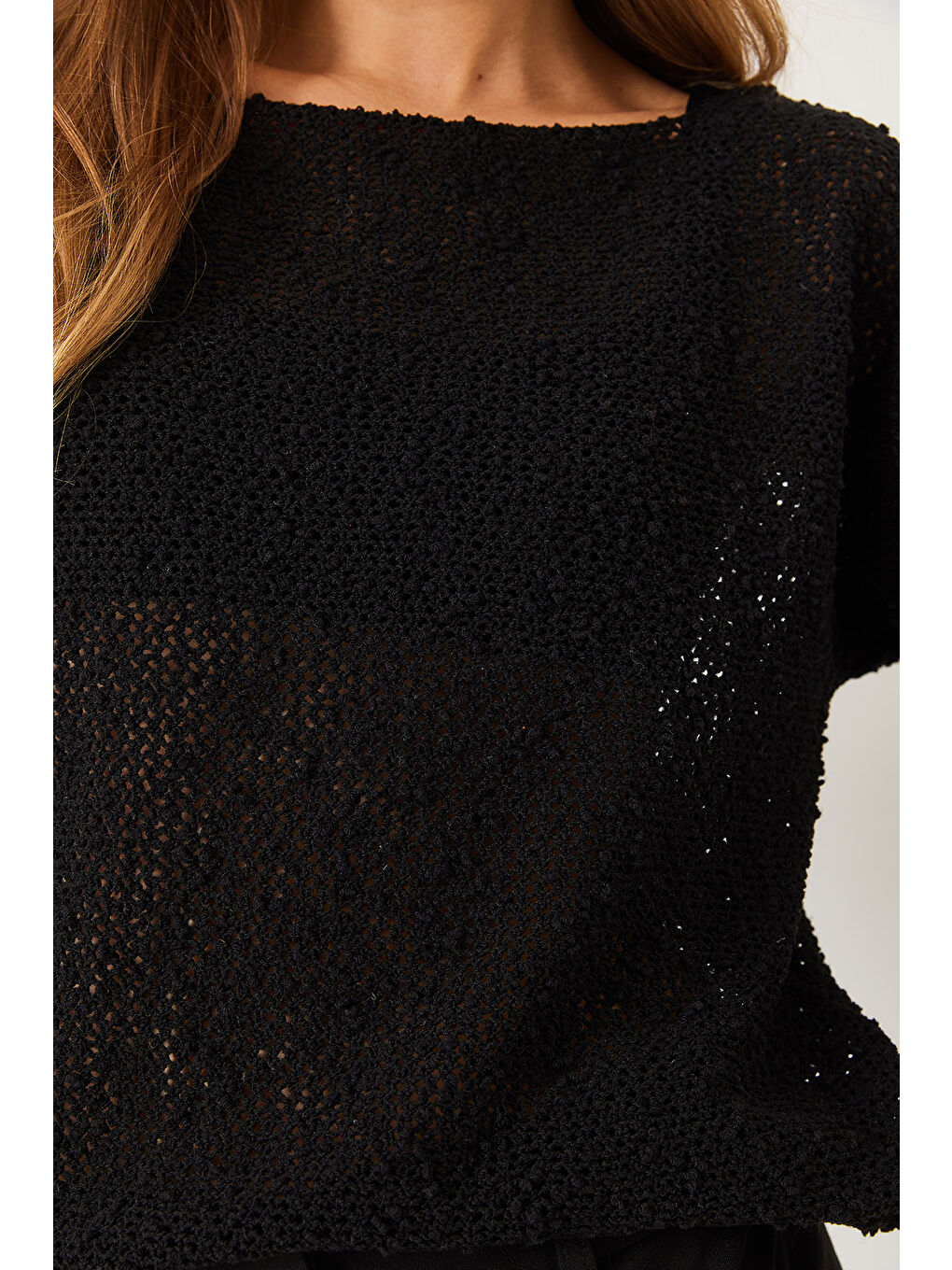 Siyah Kadın Kayık Yaka File Detay Ajurlu Triko Bluz-5