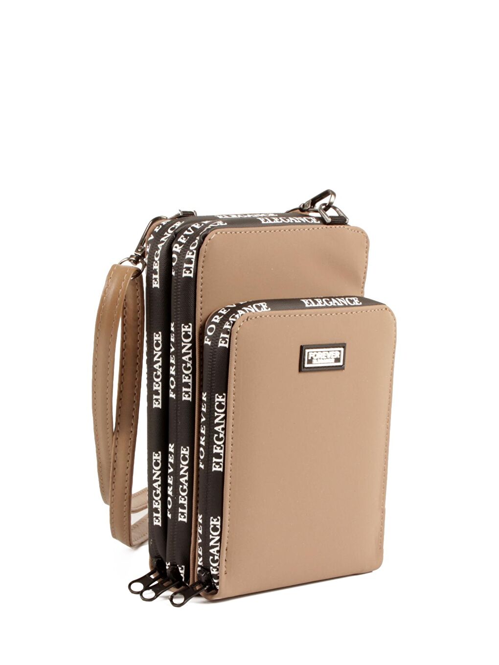 Kahverengi Kadın Üç Bölmeli Kartlıklı Telefon Bölmeli Destekli Kasa Yazı Detaylı Omuz Çantası (10770)