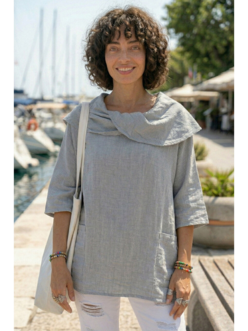 Gri Şal Yaka Kısa Kol Çift Cepli Casual Keten Görünümlü Geniş Kesim Dokuma Bluz 65 83-3