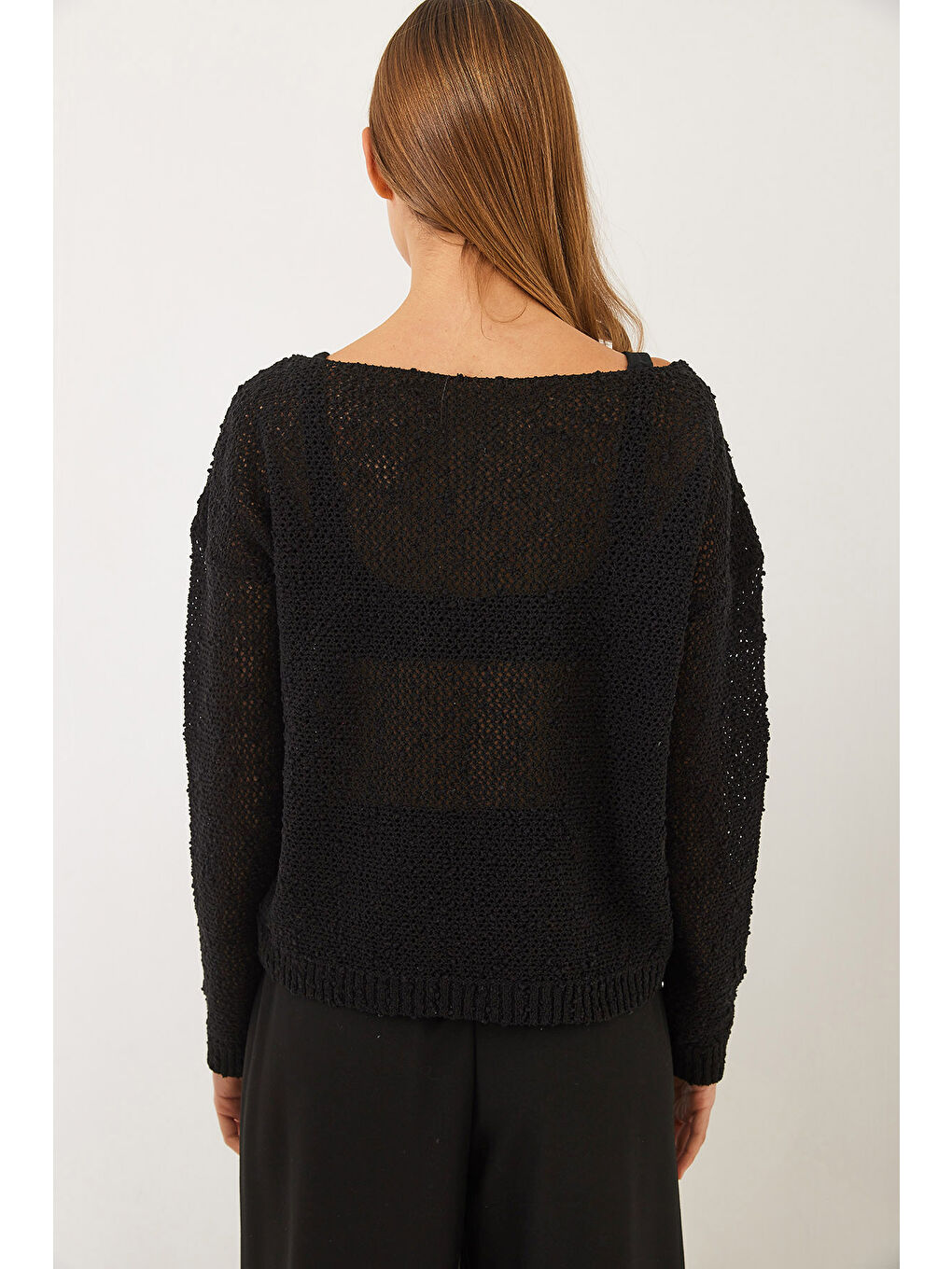 Siyah Kadın Kayık Yaka File Detay Ajurlu Triko Bluz-6