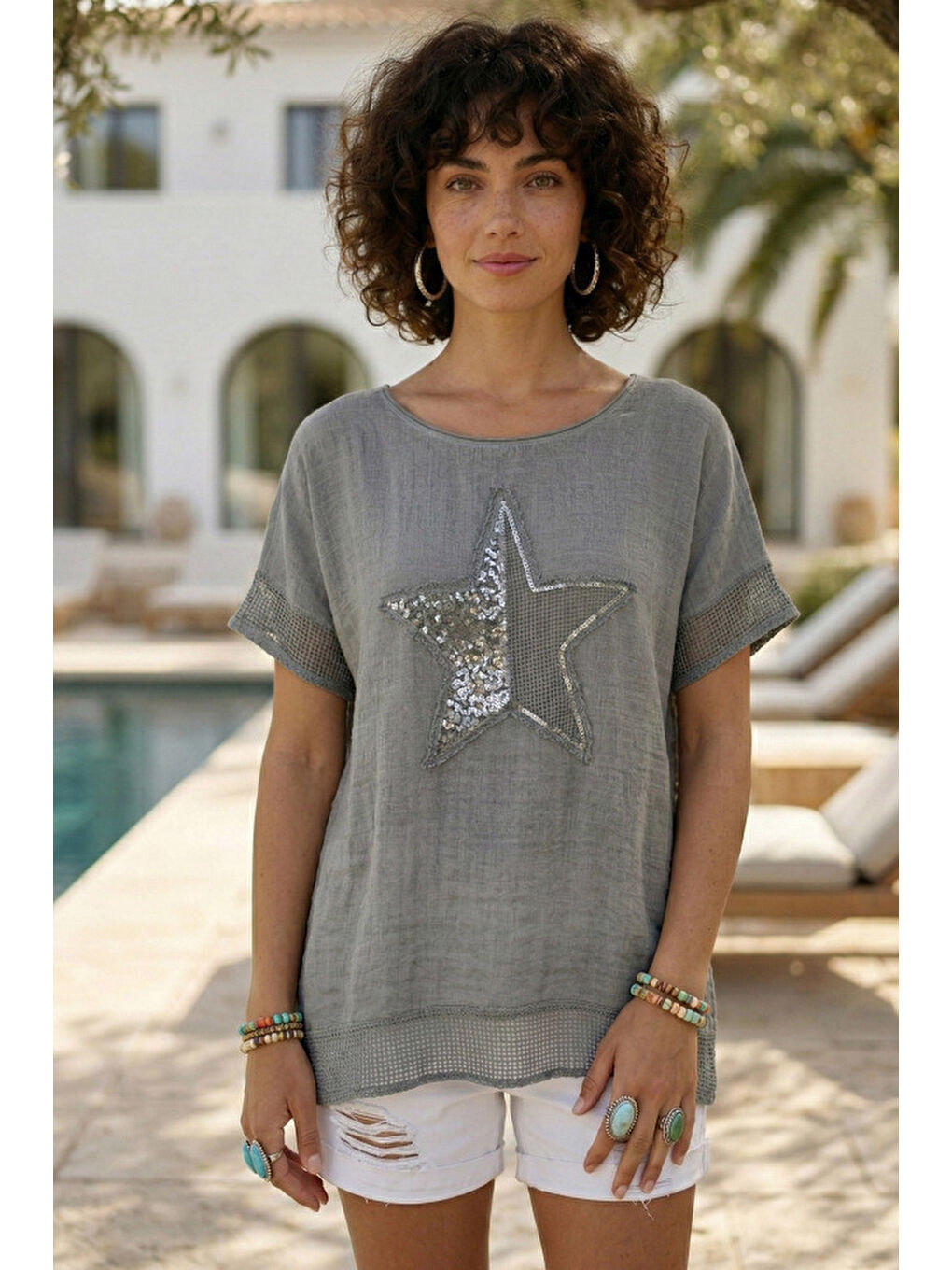 Gri Yuvarlak Yaka Düşük Kol Etek Ve Kol Ucu File Detaylı Yıldız Aplikeli Casual Dokuma Bluz 65 60-1