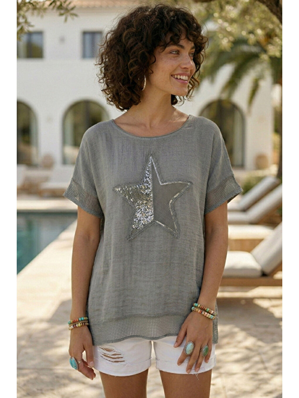 Gri Yuvarlak Yaka Düşük Kol Etek Ve Kol Ucu File Detaylı Yıldız Aplikeli Casual Dokuma Bluz 65 60-2