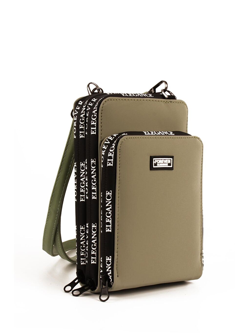 Haki Kadın Üç Bölmeli Kartlıklı Telefon Bölmeli Destekli Kasa Yazı Detaylı Omuz Çantası (10770)