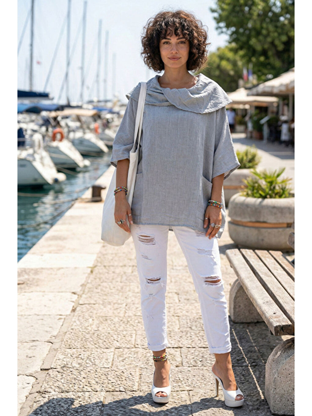 Gri Şal Yaka Kısa Kol Çift Cepli Casual Keten Görünümlü Geniş Kesim Dokuma Bluz 65 83-4