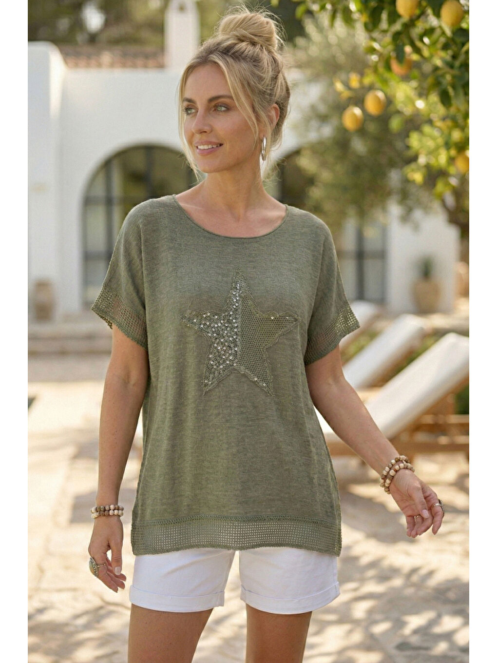Yeşil Yuvarlak Yaka Düşük Kol Etek Ve Kol Ucu File Detaylı Yıldız Aplikeli Casual Dokuma Bluz 65 60-1