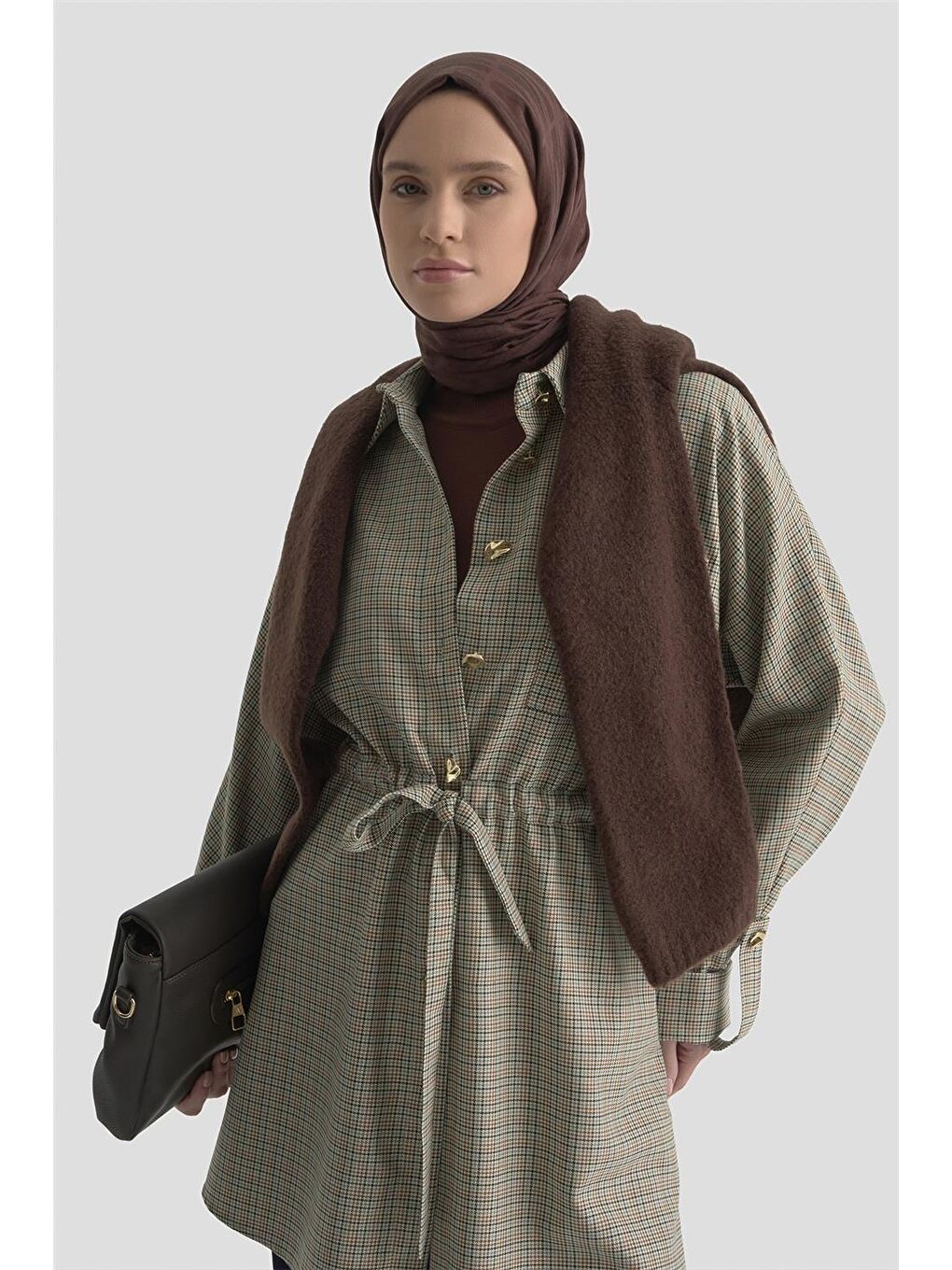 Bej Ekose Desen Büzgülü Tunik 25K4976 Ekose