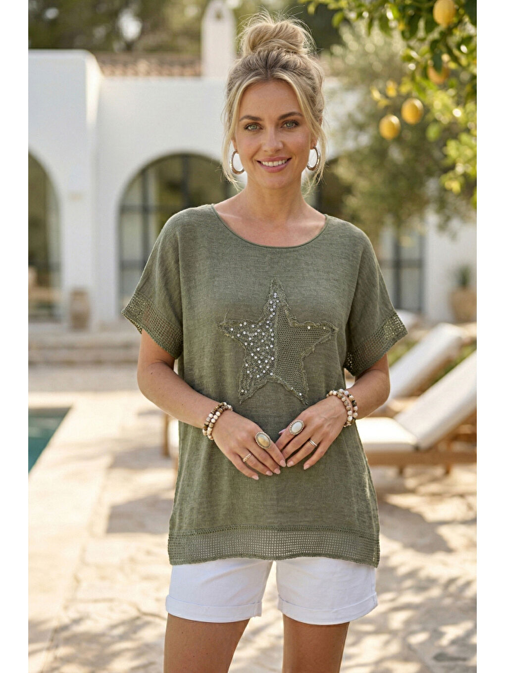 Yeşil Yuvarlak Yaka Düşük Kol Etek Ve Kol Ucu File Detaylı Yıldız Aplikeli Casual Dokuma Bluz 65 60-2