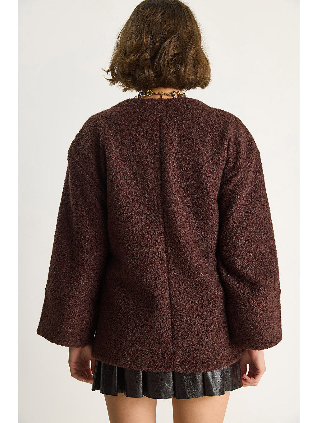 Kahverengi Kadın Kruvaze Kapama Yandan Bağlamalı Buklet Kaban-5