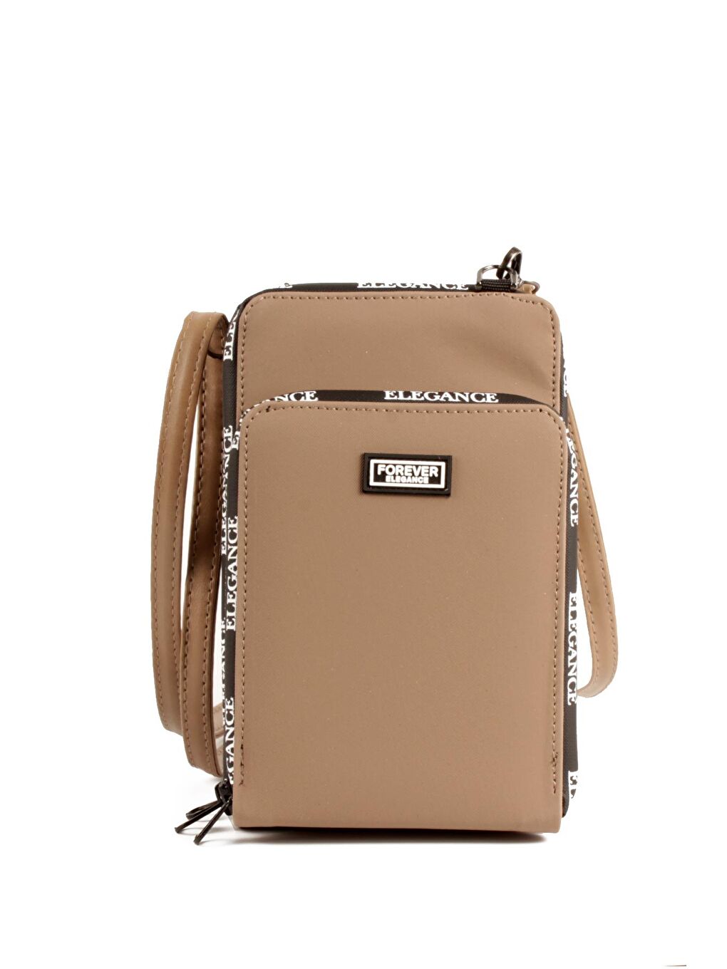 Kahverengi Kadın Üç Bölmeli Kartlıklı Telefon Bölmeli Destekli Kasa Yazı Detaylı Omuz Çantası (10770)-1