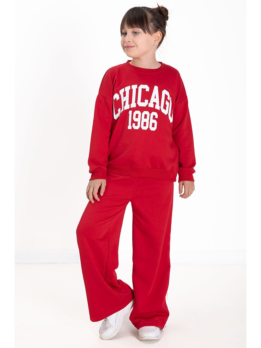 Siyah Kırmızı Chicago Baskılı Kız Çocuk Şeritli Eşofman Takımı 22742-1