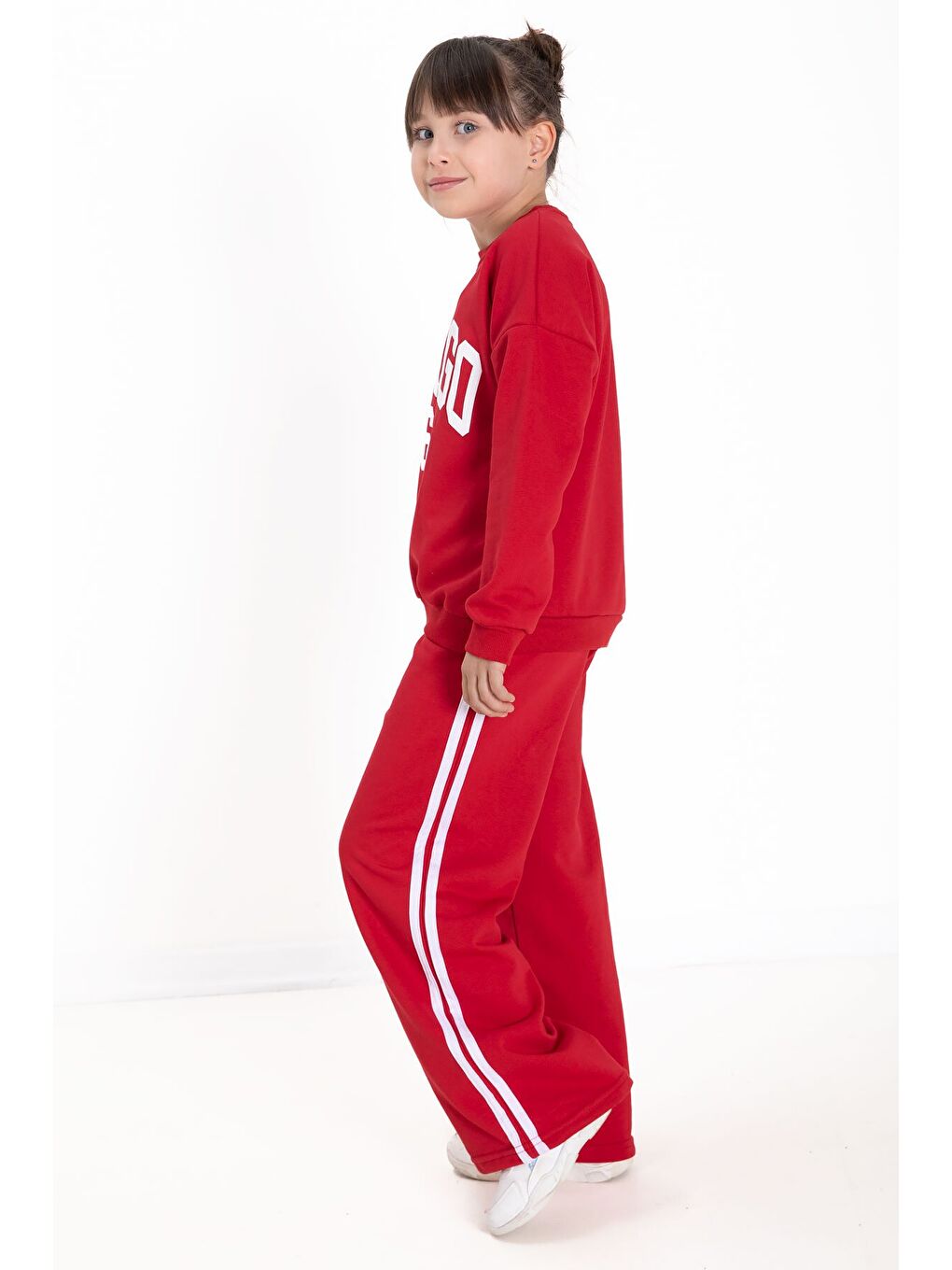 Siyah Kırmızı Chicago Baskılı Kız Çocuk Şeritli Eşofman Takımı 22742-2