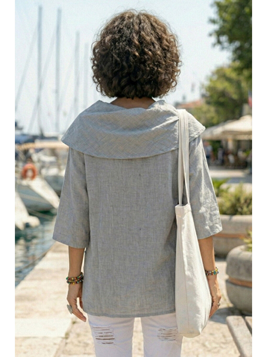 Gri Şal Yaka Kısa Kol Çift Cepli Casual Keten Görünümlü Geniş Kesim Dokuma Bluz 65 83-5