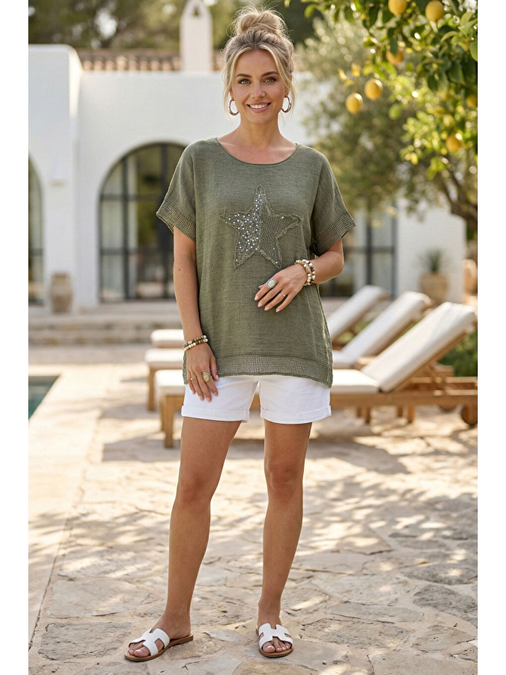 Yeşil Yuvarlak Yaka Düşük Kol Etek Ve Kol Ucu File Detaylı Yıldız Aplikeli Casual Dokuma Bluz 65 60-3