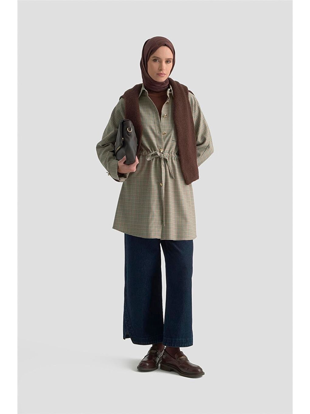 Bej Ekose Desen Büzgülü Tunik 25K4976 Ekose-1