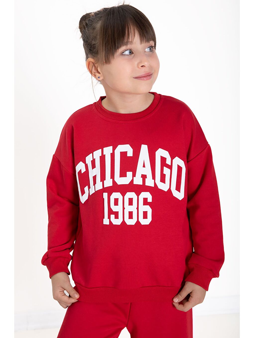 Siyah Kırmızı Chicago Baskılı Kız Çocuk Şeritli Eşofman Takımı 22742-3