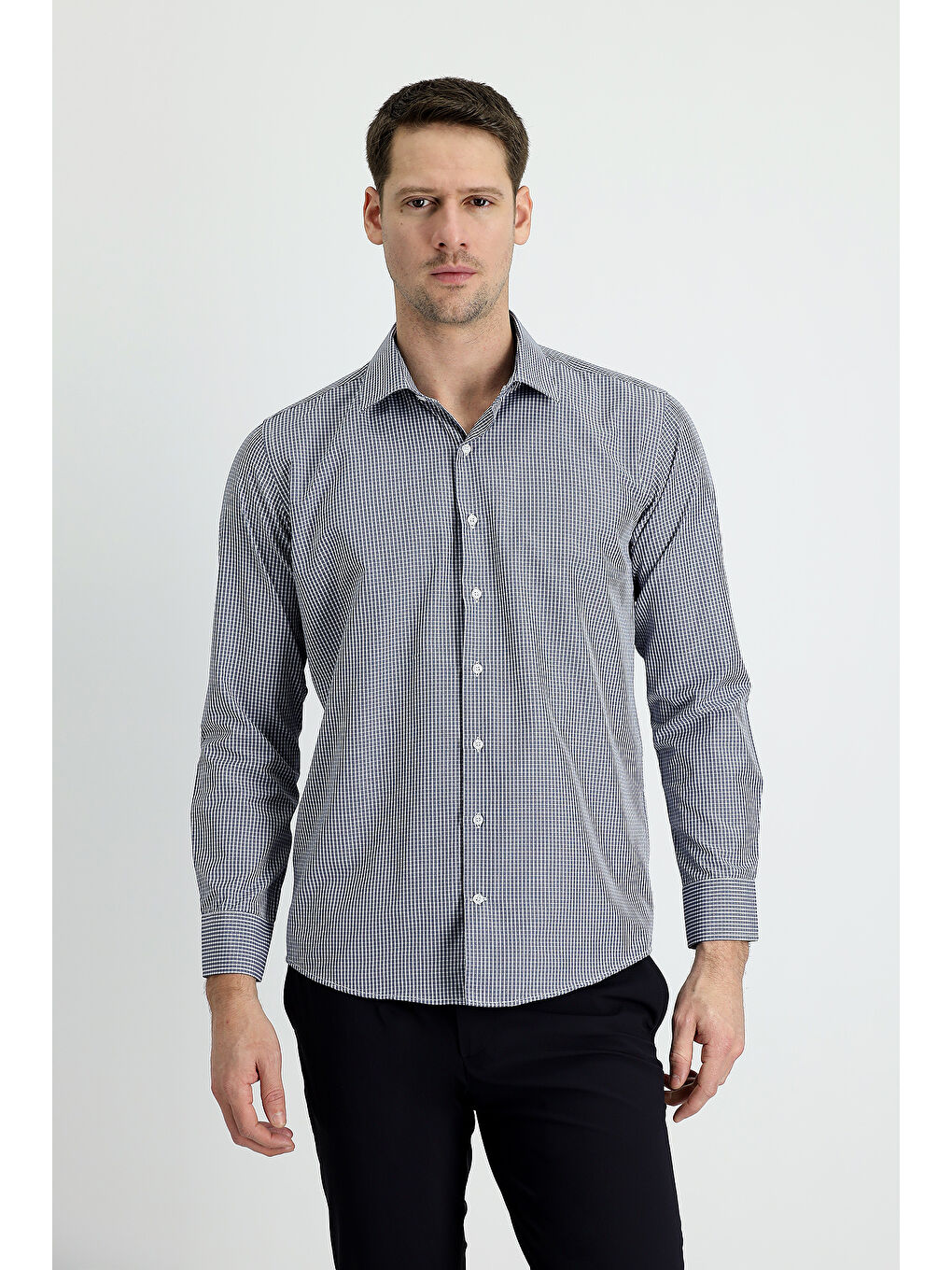 Lacivert Uzun Kol Slim Fit Dar Kesim Ekose Pamuklu Kolay Ütülenebilir Gömlek