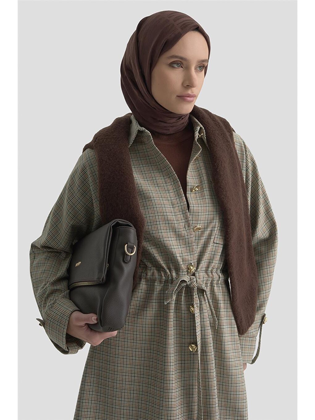 Bej Ekose Desen Büzgülü Tunik 25K4976 Ekose-2