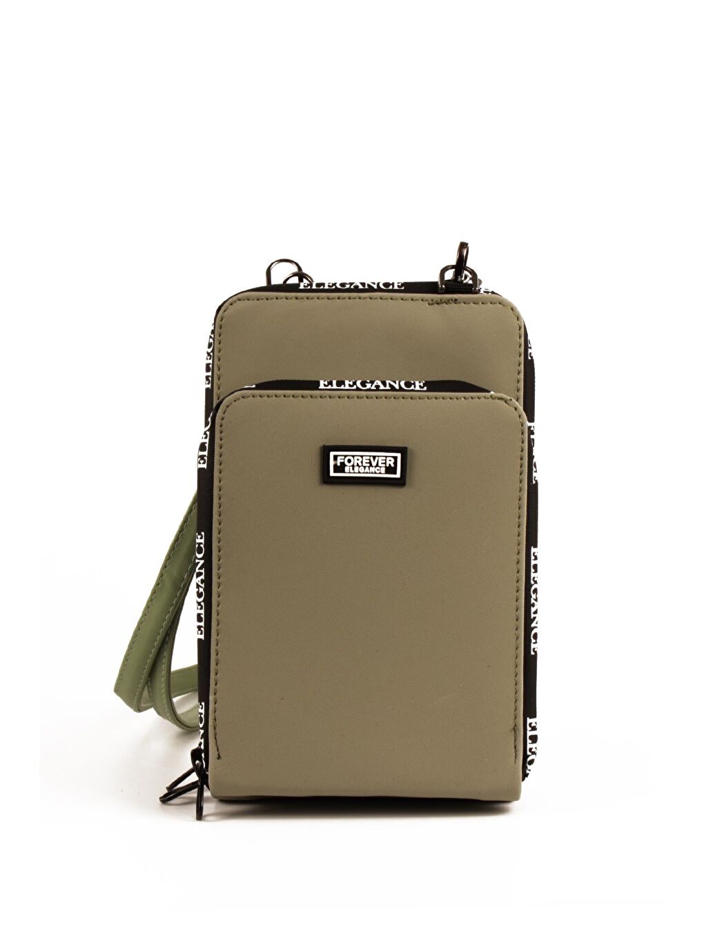 Haki Kadın Üç Bölmeli Kartlıklı Telefon Bölmeli Destekli Kasa Yazı Detaylı Omuz Çantası (10770)-1