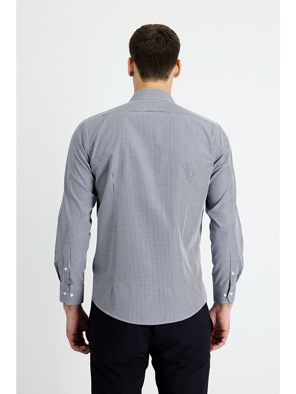 Lacivert Uzun Kol Slim Fit Dar Kesim Ekose Pamuklu Kolay Ütülenebilir Gömlek-1