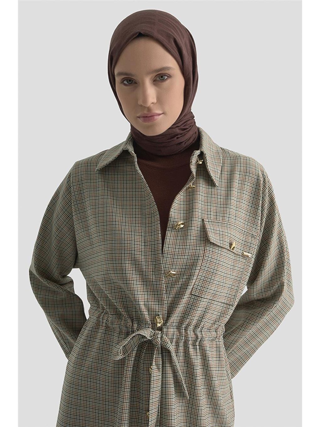 Bej Ekose Desen Büzgülü Tunik 25K4976 Ekose-3