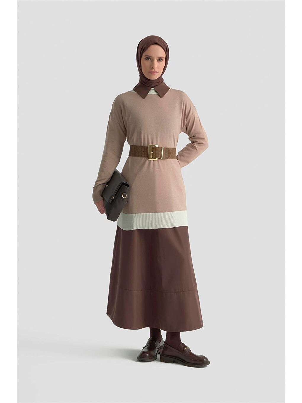 Bej Color Block Triko Tunik 25Kd6018 Vizon-1