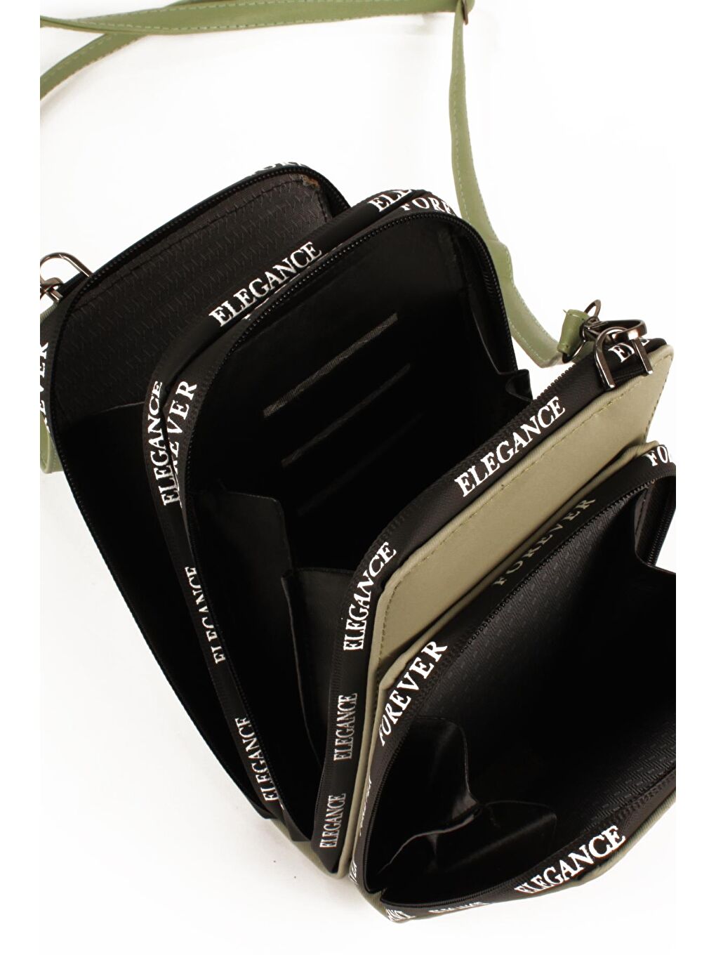 Haki Kadın Üç Bölmeli Kartlıklı Telefon Bölmeli Destekli Kasa Yazı Detaylı Omuz Çantası (10770)-2