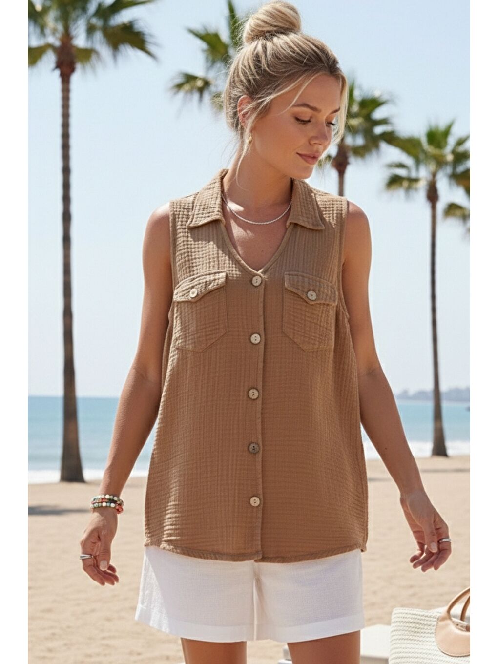 Kahverengi Tarçın Rengi Gömlek Yaka Kolsuz Düğmeli Çift Kapaklı Cepli Yıkamalı Casual Müslin Dokuma Bluz 62 55