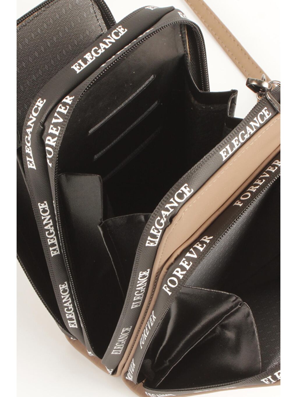 Kahverengi Kadın Üç Bölmeli Kartlıklı Telefon Bölmeli Destekli Kasa Yazı Detaylı Omuz Çantası (10770)-3