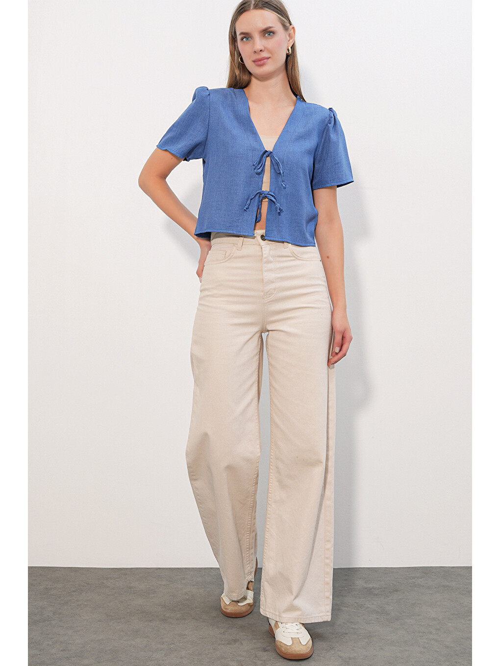 Kadın Kısa Kol Crop Bluz 958 - İndigo-1