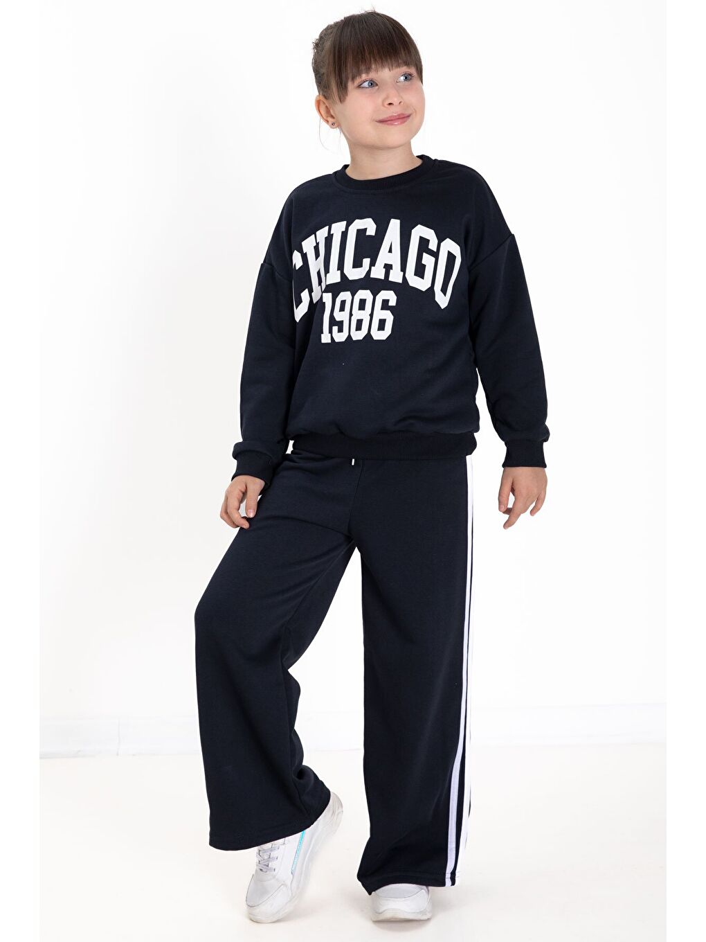 Lacivert Chicago Baskılı Kız Çocuk Şeritli Eşofman Takımı 22728-2