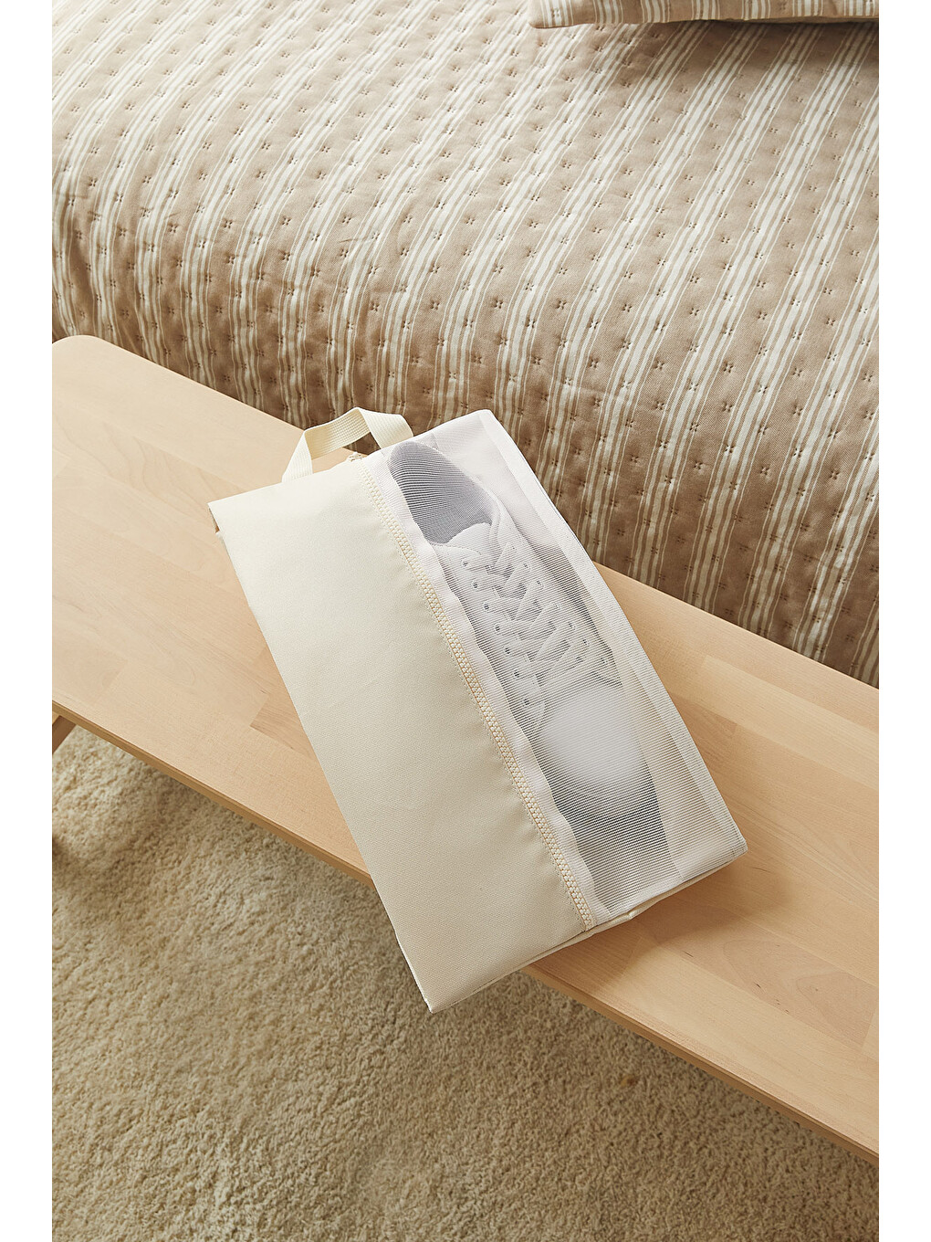 2'li Bej Renk Fileli Oxford Kumaş Ayakkabı Düzenleyici Taşıma Çantası Seti 22 X 40 X 9 Cm-2