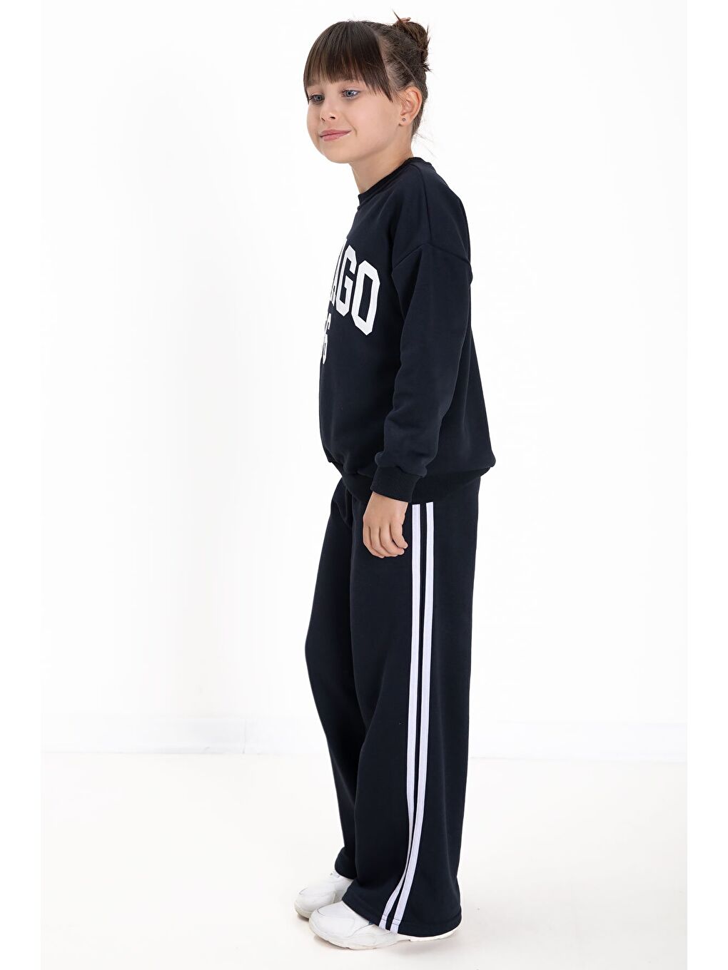 Lacivert Chicago Baskılı Kız Çocuk Şeritli Eşofman Takımı 22728-3