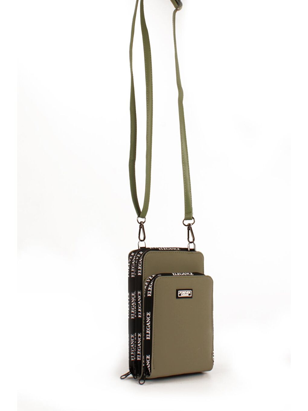 Haki Kadın Üç Bölmeli Kartlıklı Telefon Bölmeli Destekli Kasa Yazı Detaylı Omuz Çantası (10770)-3