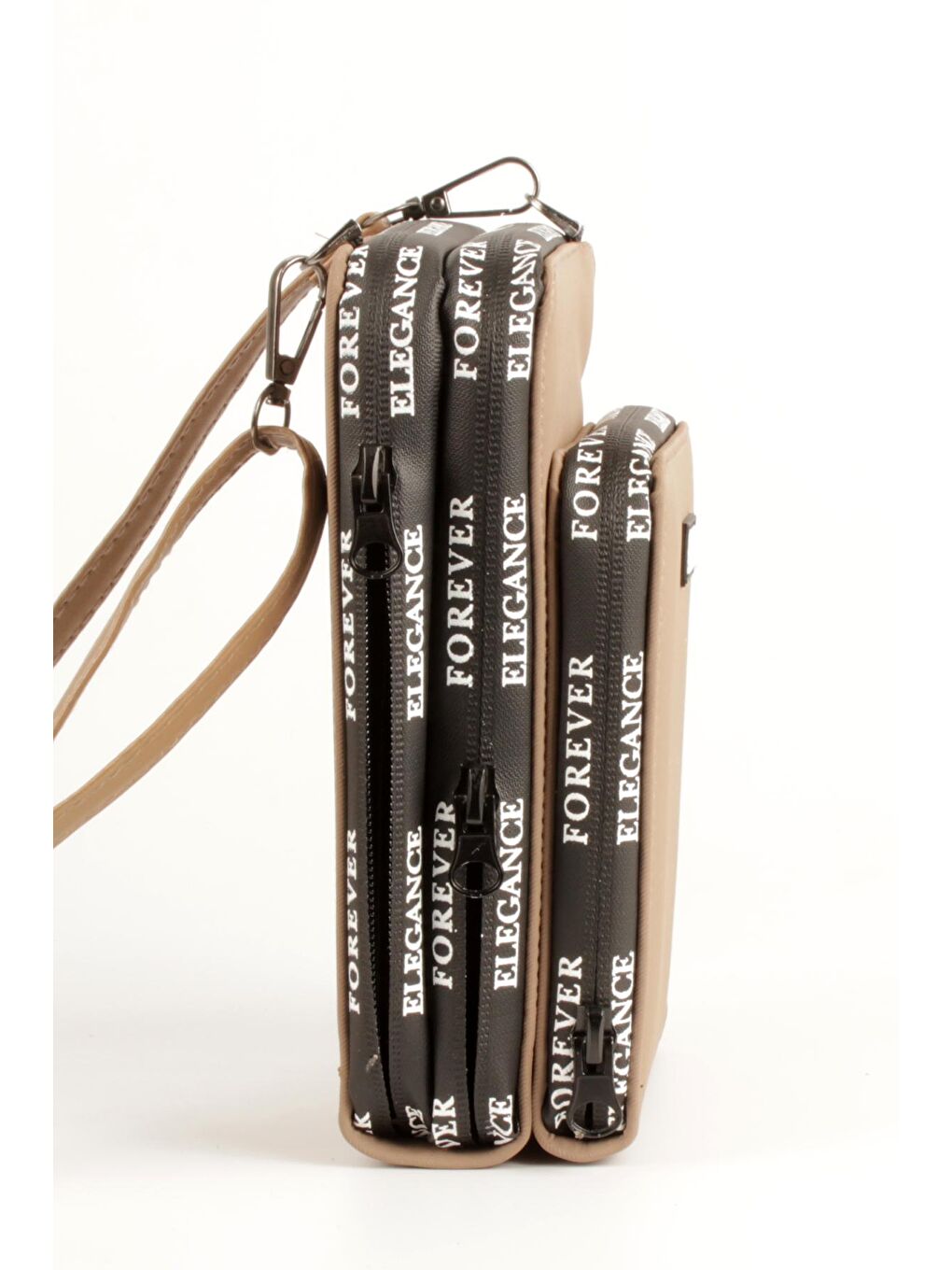 Kahverengi Kadın Üç Bölmeli Kartlıklı Telefon Bölmeli Destekli Kasa Yazı Detaylı Omuz Çantası (10770)-4