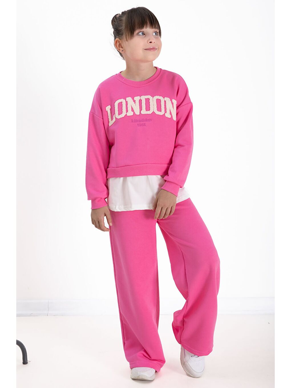 Pembe London Yazılı Nakışlı Kız Çocuk Geniş Paça Eşofman Takımı 22724-1