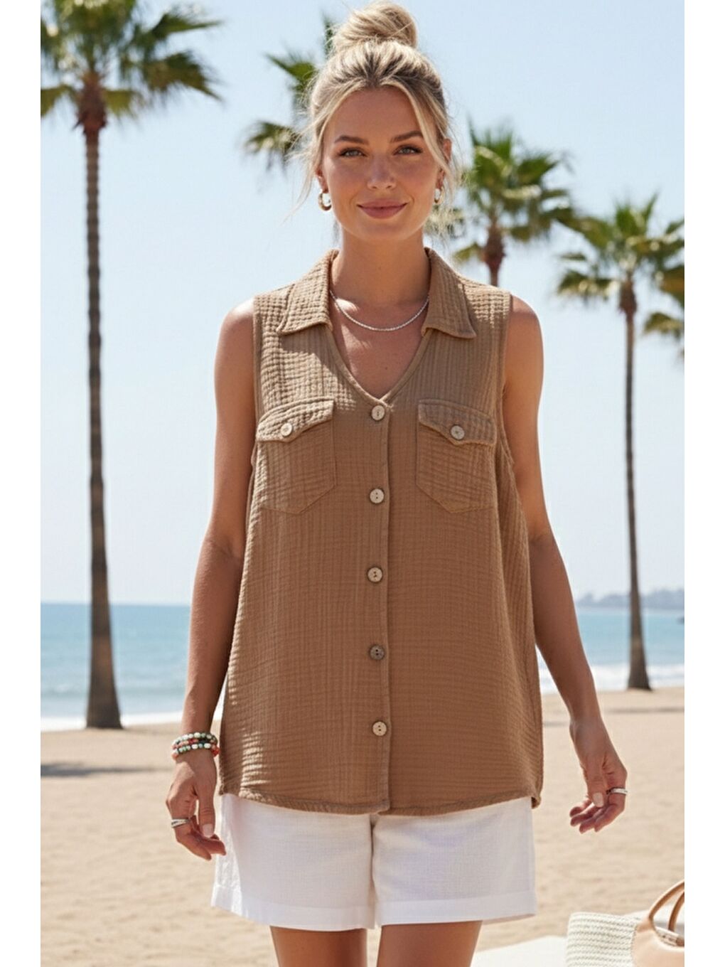 Kahverengi Tarçın Rengi Gömlek Yaka Kolsuz Düğmeli Çift Kapaklı Cepli Yıkamalı Casual Müslin Dokuma Bluz 62 55-2